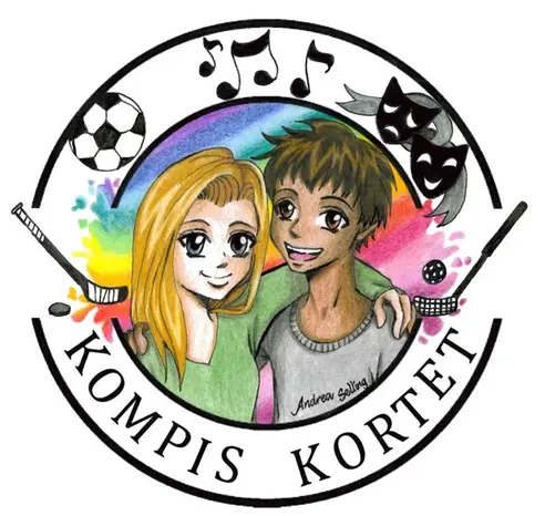 Illustration på kompiskort som visar två personer som står nära varandra och ler, med en färgglad regnbågsbakgrund. Runt dem finns symboler för sport, musik och teater.